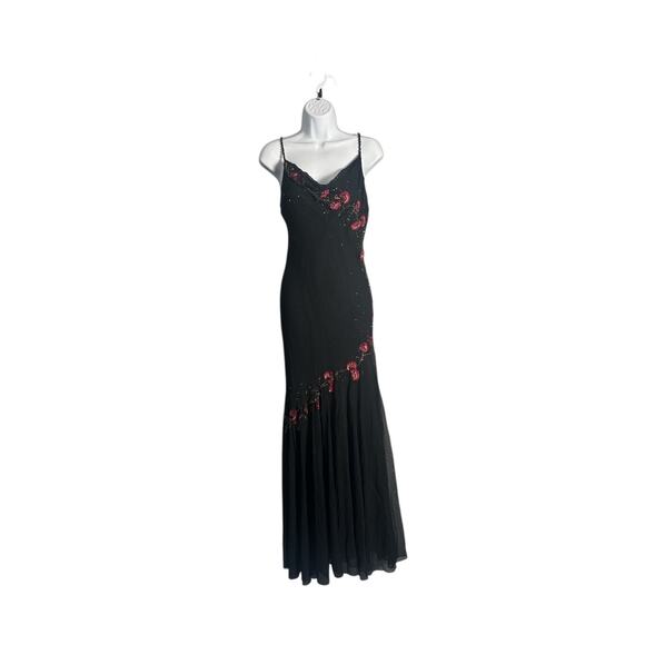 Vintage XSCAPE Joanna Chen Black Silk Beaded Floral Gown Size 6 - Picture 1 of 9